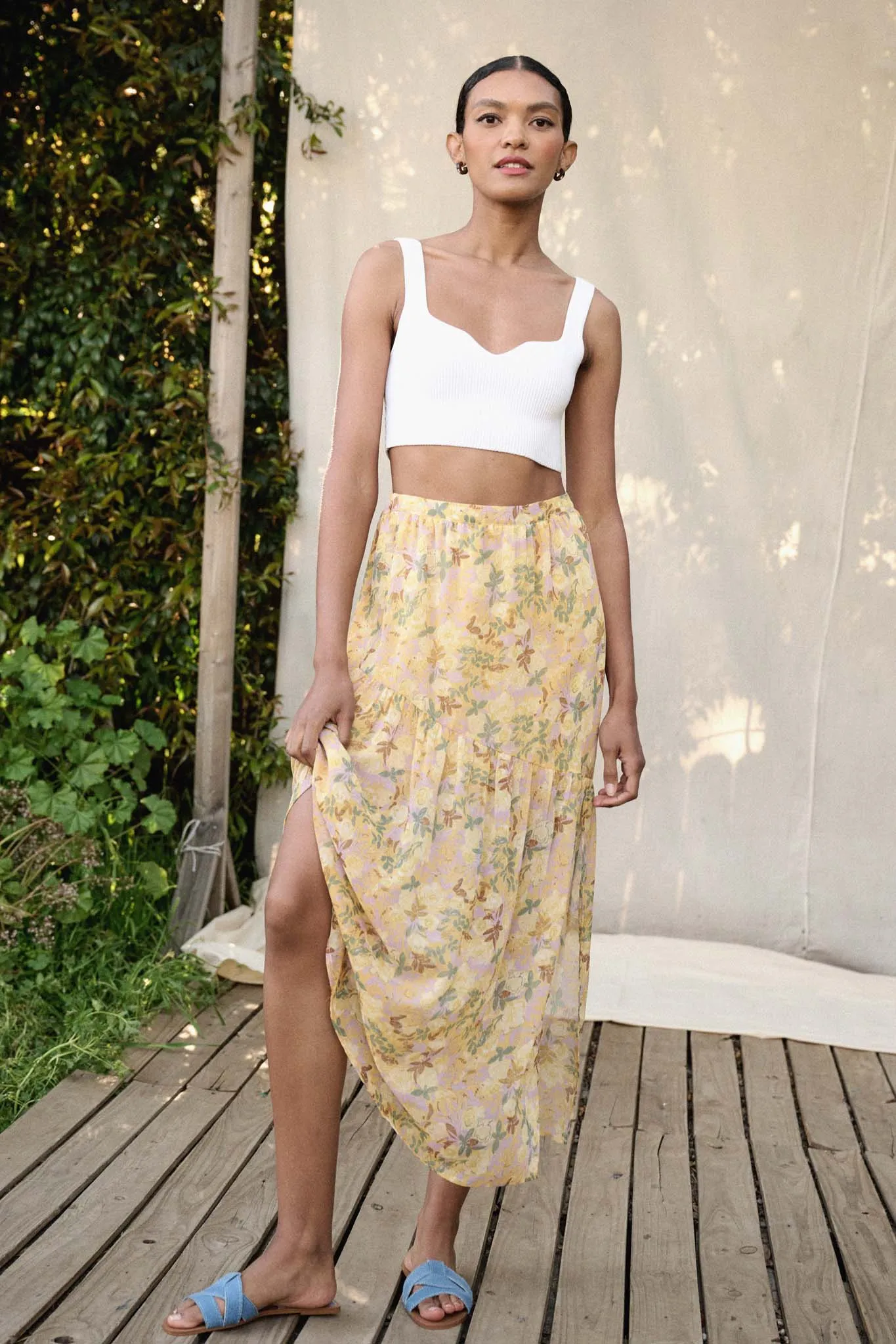 Goldenrod Valley Floral Chiffon Maxi Skirt