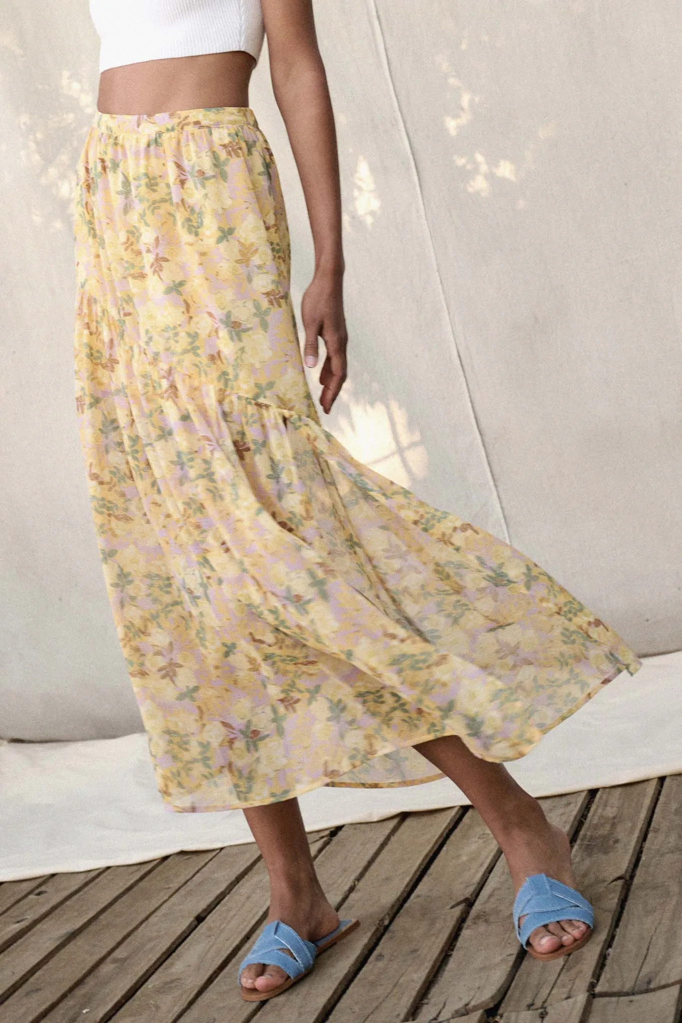 Goldenrod Valley Floral Chiffon Maxi Skirt