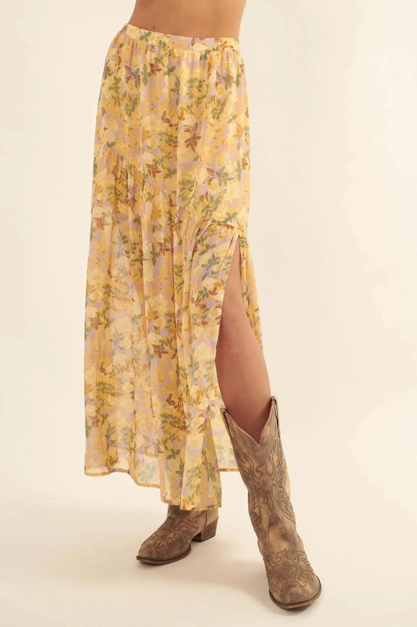 Goldenrod Valley Floral Chiffon Maxi Skirt