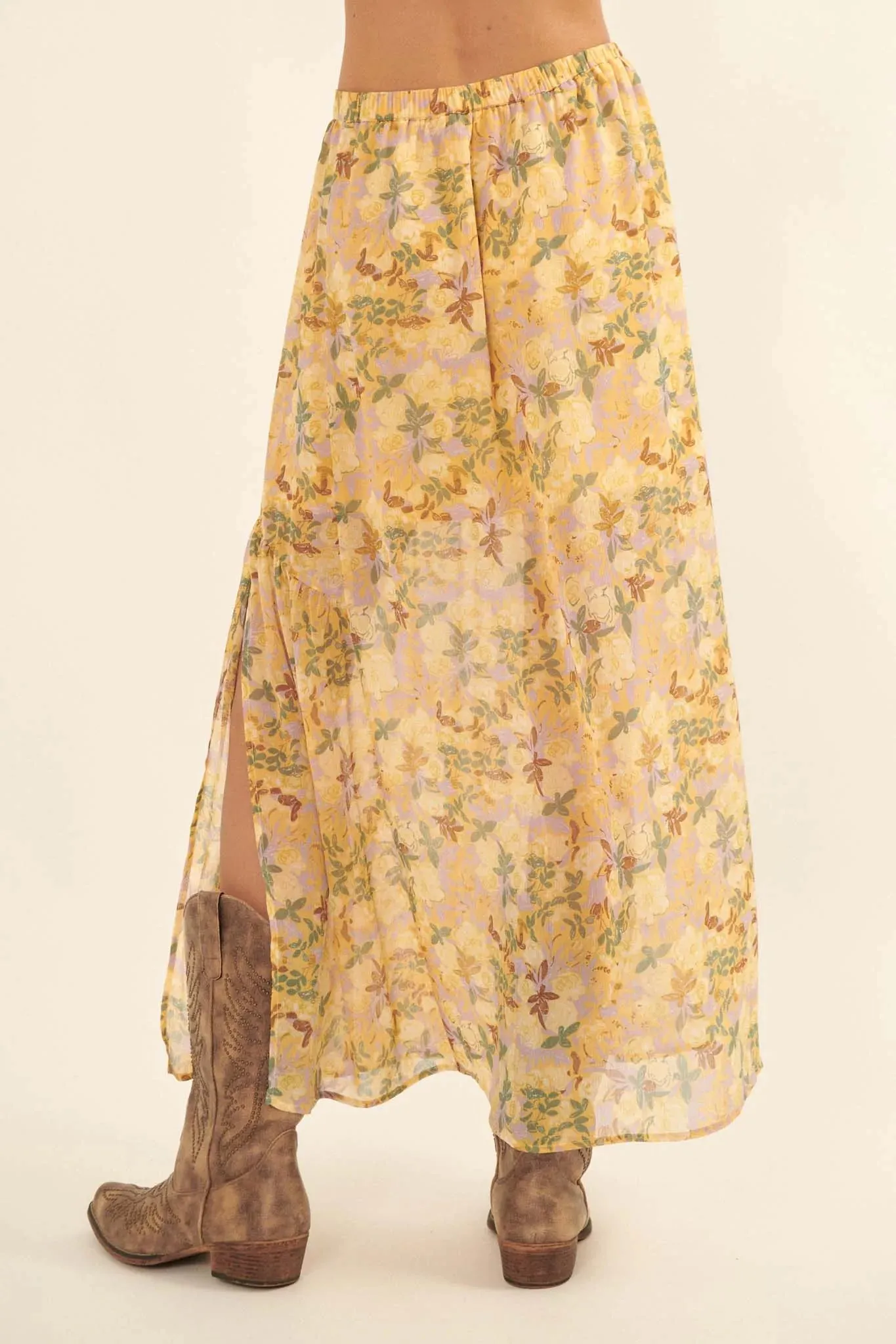 Goldenrod Valley Floral Chiffon Maxi Skirt