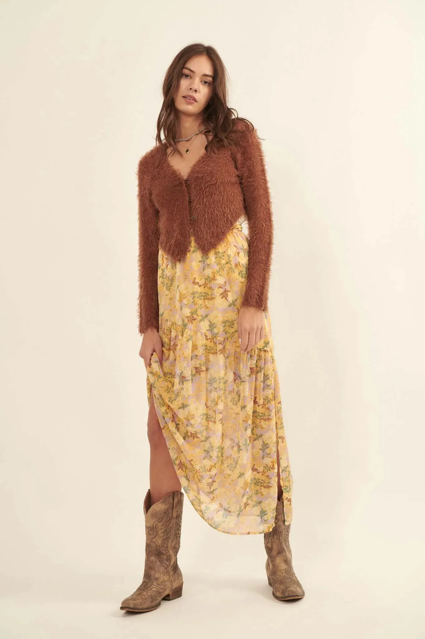 Goldenrod Valley Floral Chiffon Maxi Skirt