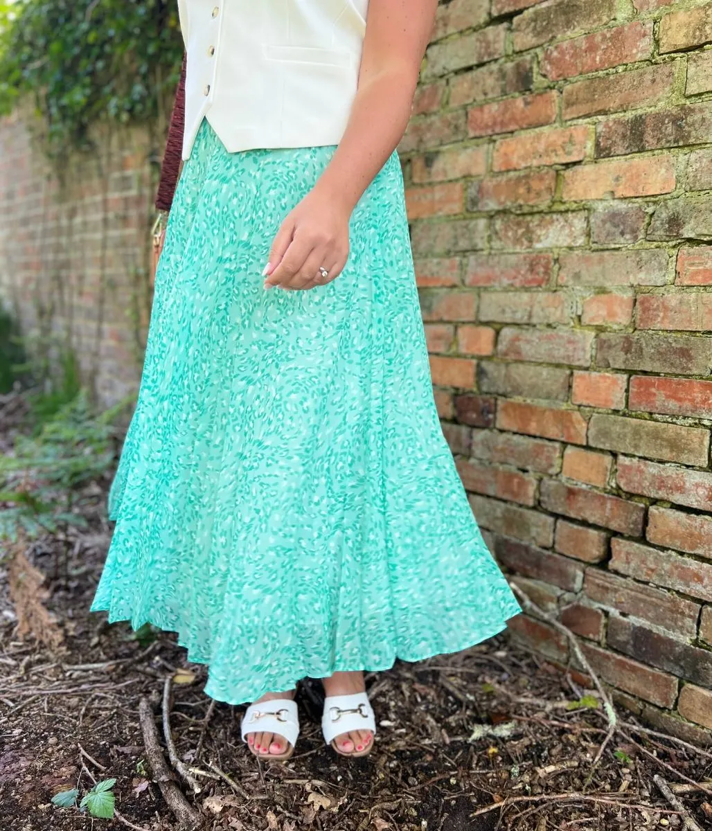 Green Swirling Animal Pleated Midi Skirt 6