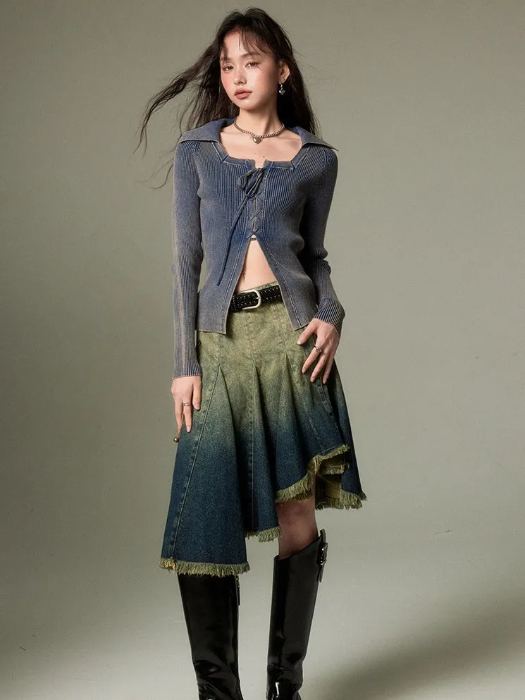 Irregular Hem Gradient Denim Skirt