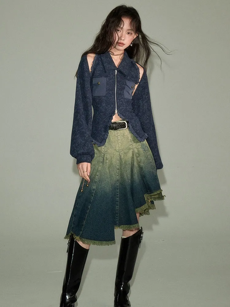 Irregular Hem Gradient Denim Skirt