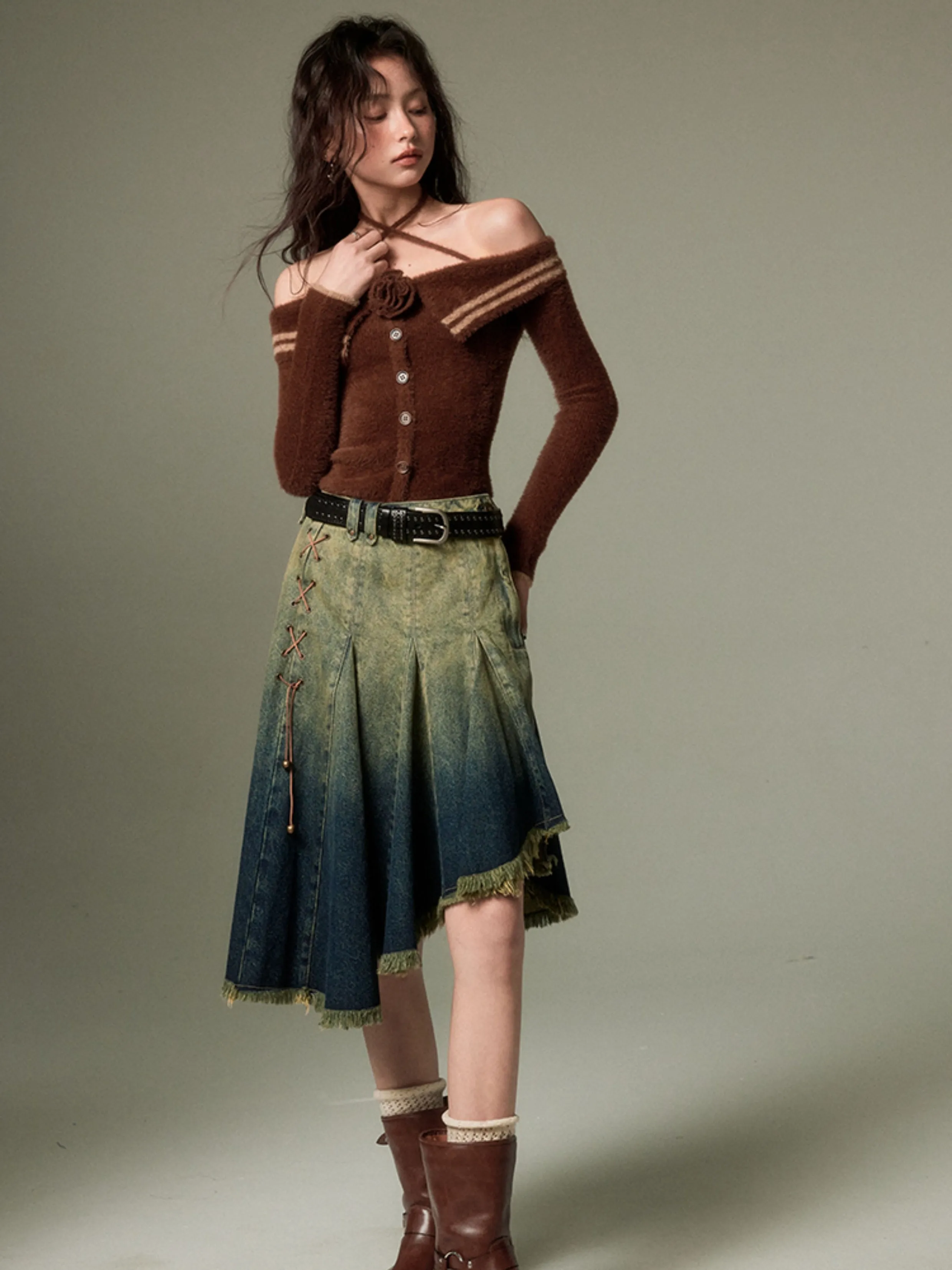 Irregular Hem Gradient Denim Skirt