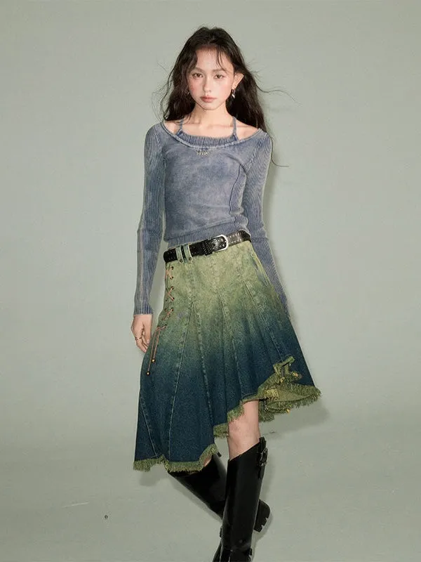 Irregular Hem Gradient Denim Skirt