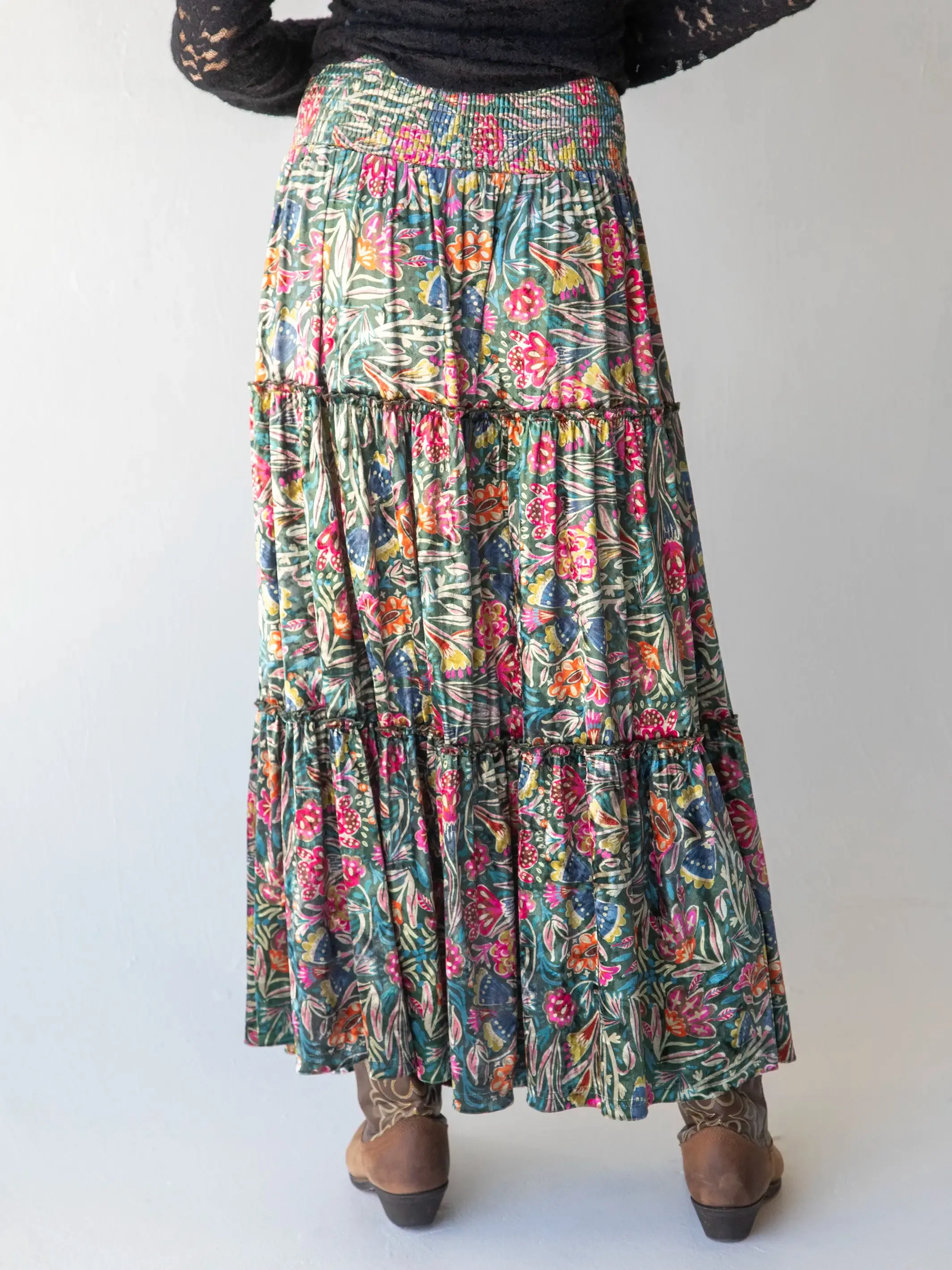 Karlie Tiered Velvet Maxi Skirt - Green Lined Floral