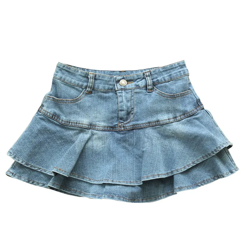 LANFUBEISI Ruffle Pleated Skirts Womens Summer Low Waist A Line Y2K Denim Skirt Sexy Mini Short Skirts Women Sex Jeans Woman Skirts