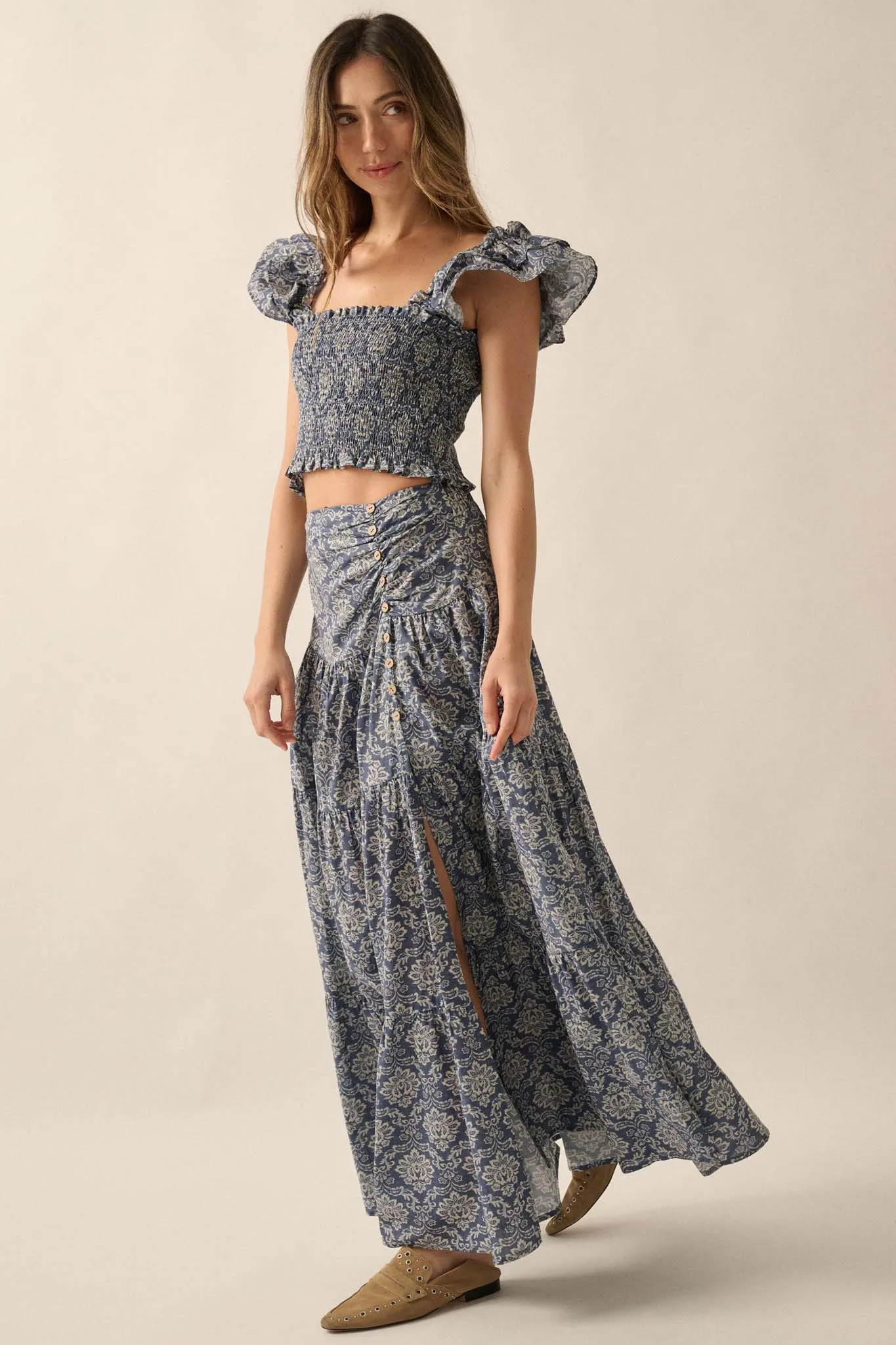 Lavish Blossoms Floral Tiered Ruffle Maxi Skirt