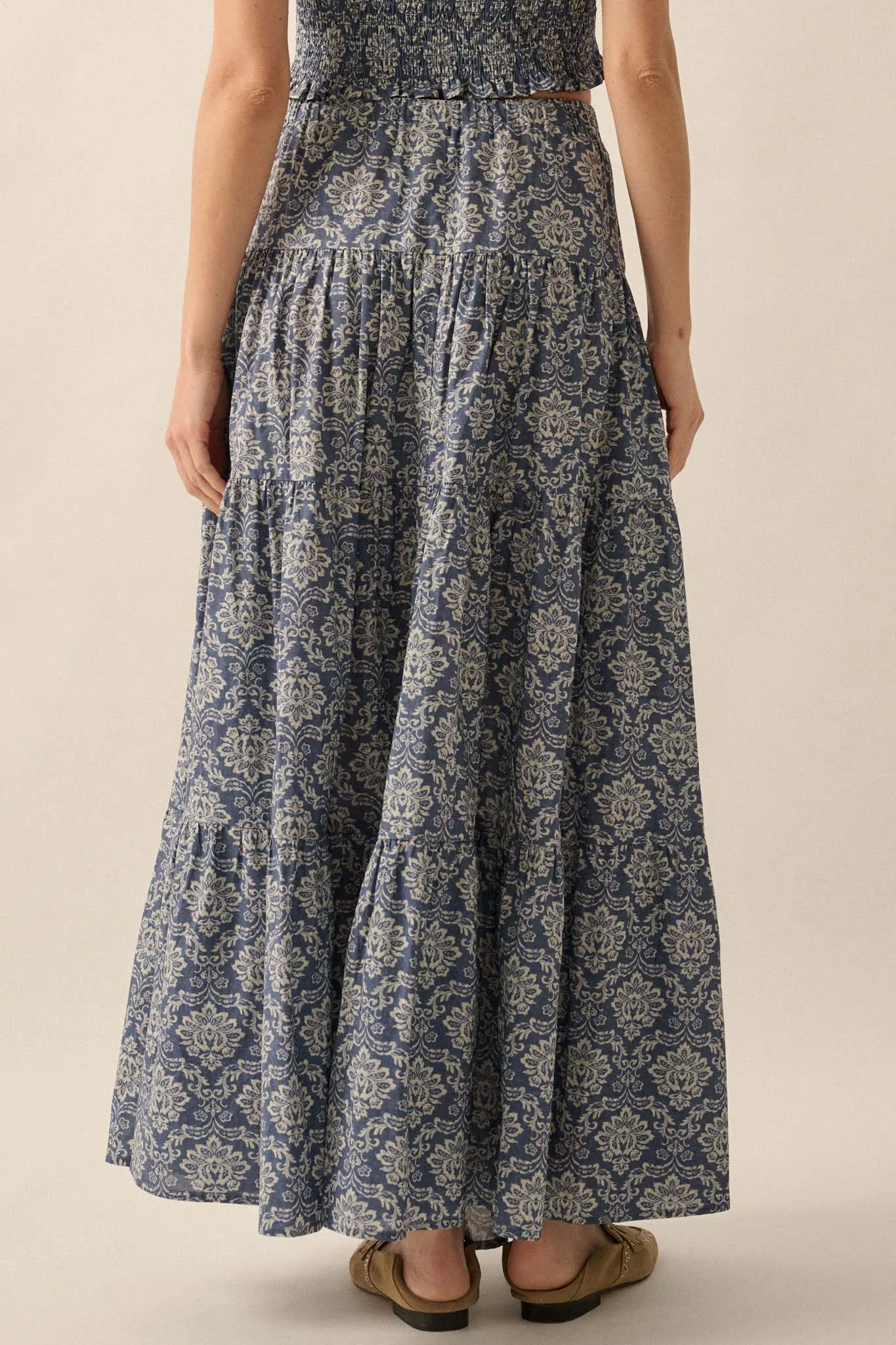 Lavish Blossoms Floral Tiered Ruffle Maxi Skirt