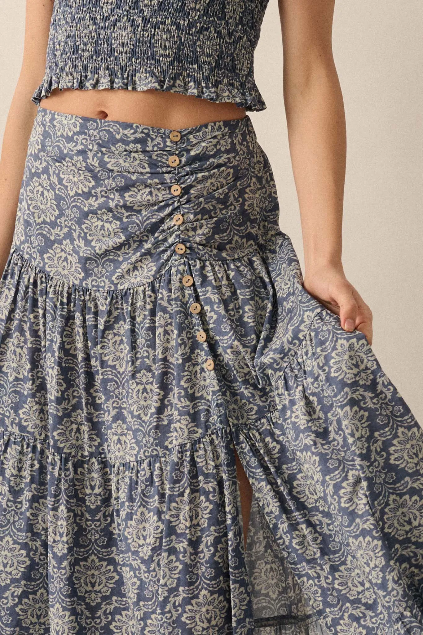 Lavish Blossoms Floral Tiered Ruffle Maxi Skirt