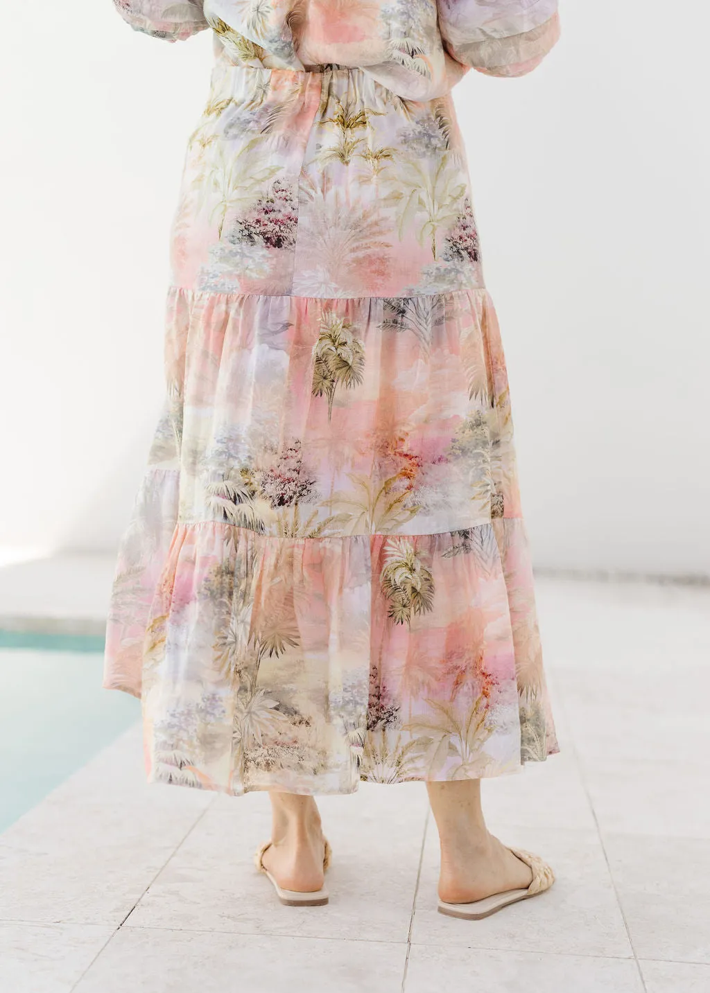 Linen Tropical Print Tiered Skirt