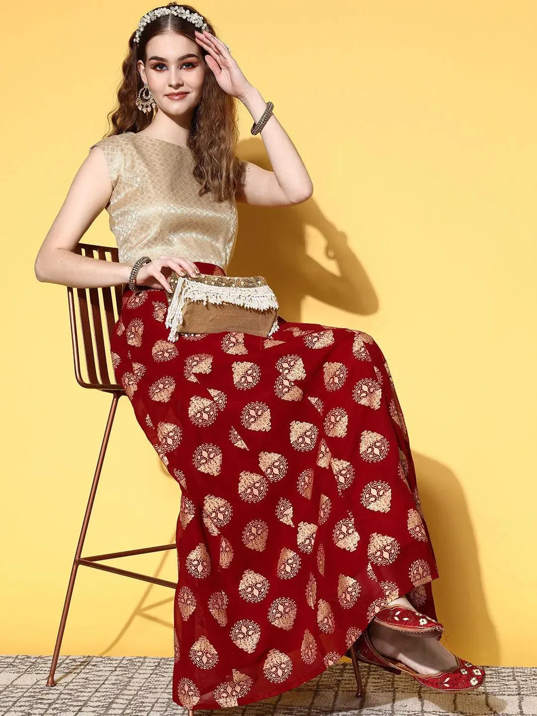 Maroon Printed Georgette Skirt