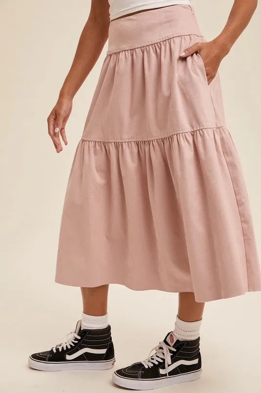 Mauve Suede Tiered Maxi Skirt with Back Bow Tie