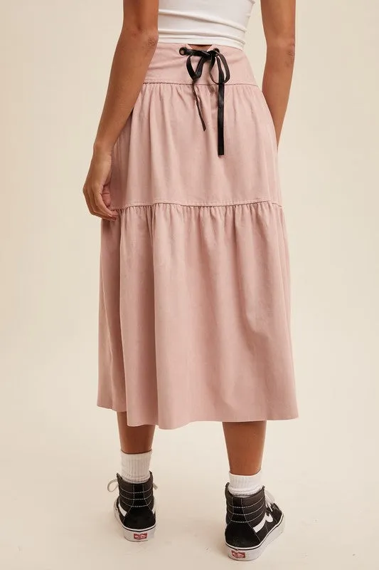 Mauve Suede Tiered Maxi Skirt with Back Bow Tie