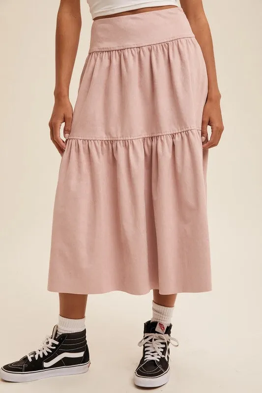 Mauve Suede Tiered Maxi Skirt with Back Bow Tie