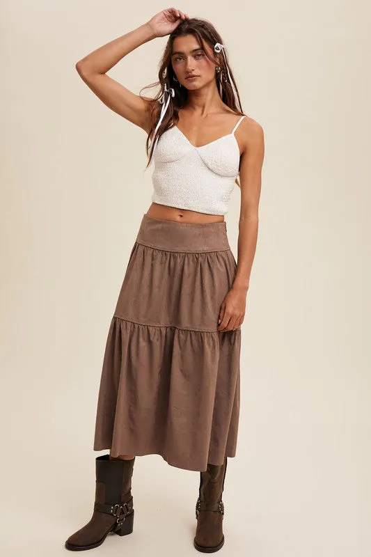 Mocha Suede Tiered Maxi Skirt with Back Bow Tie