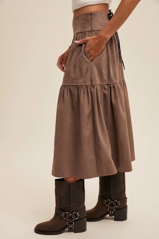 Mocha Suede Tiered Maxi Skirt with Back Bow Tie