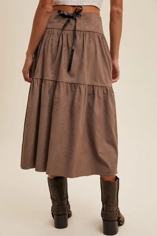 Mocha Suede Tiered Maxi Skirt with Back Bow Tie