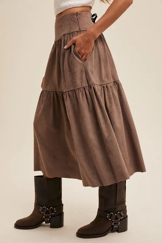 Mocha Suede Tiered Maxi Skirt with Back Bow Tie