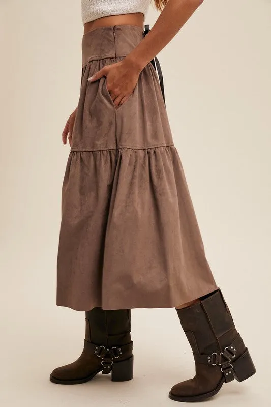 Mocha Suede Tiered Maxi Skirt with Back Bow Tie