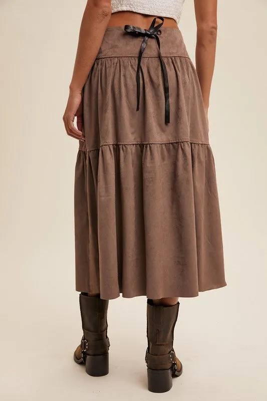 Mocha Suede Tiered Maxi Skirt with Back Bow Tie