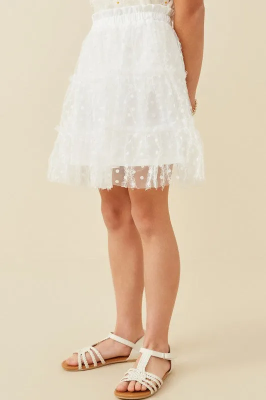 Off White Girls Flocked Polka Dot Ruffled Mesh Skirt