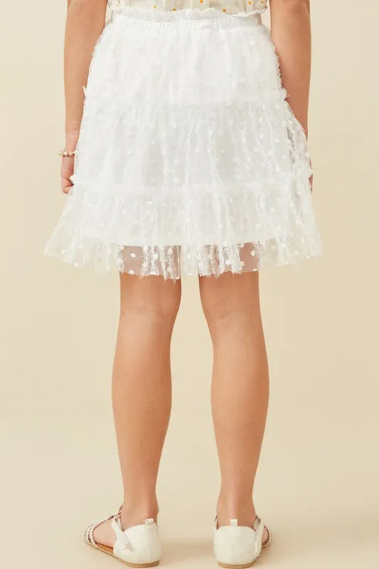 Off White Girls Flocked Polka Dot Ruffled Mesh Skirt