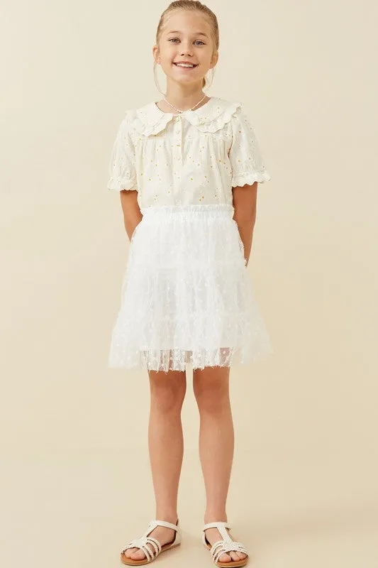 Off White Girls Flocked Polka Dot Ruffled Mesh Skirt