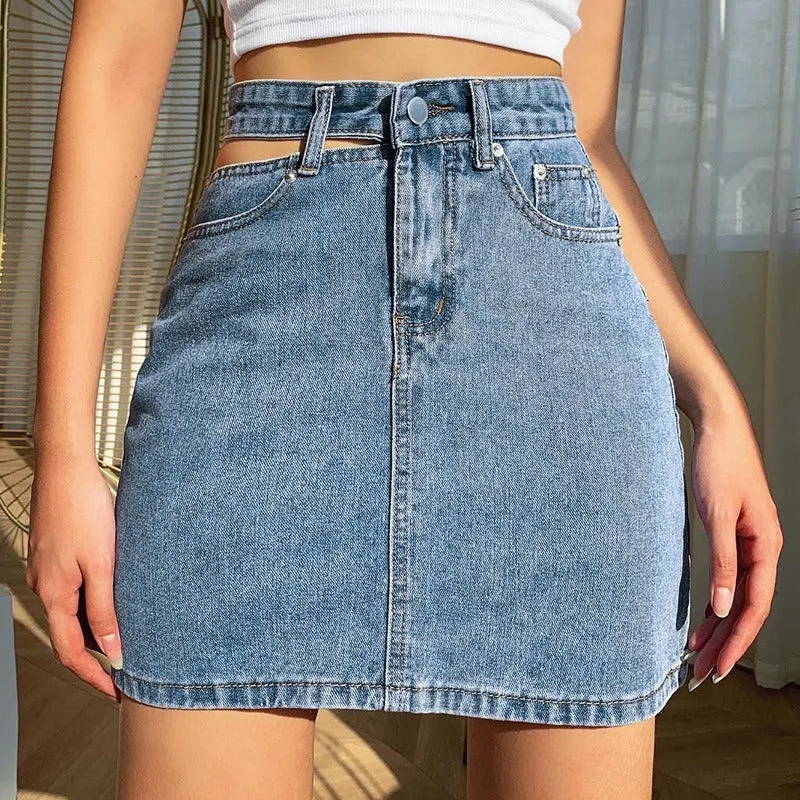 One-side Hollow High Waist Denim Hip Mini Skirt