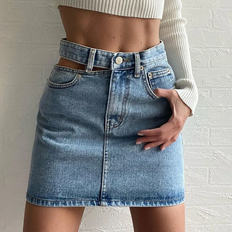 One-side Hollow High Waist Denim Hip Mini Skirt