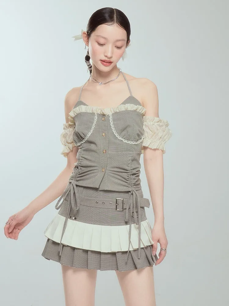 Pleated Cake Skirt With Halter Neck Suspender Top