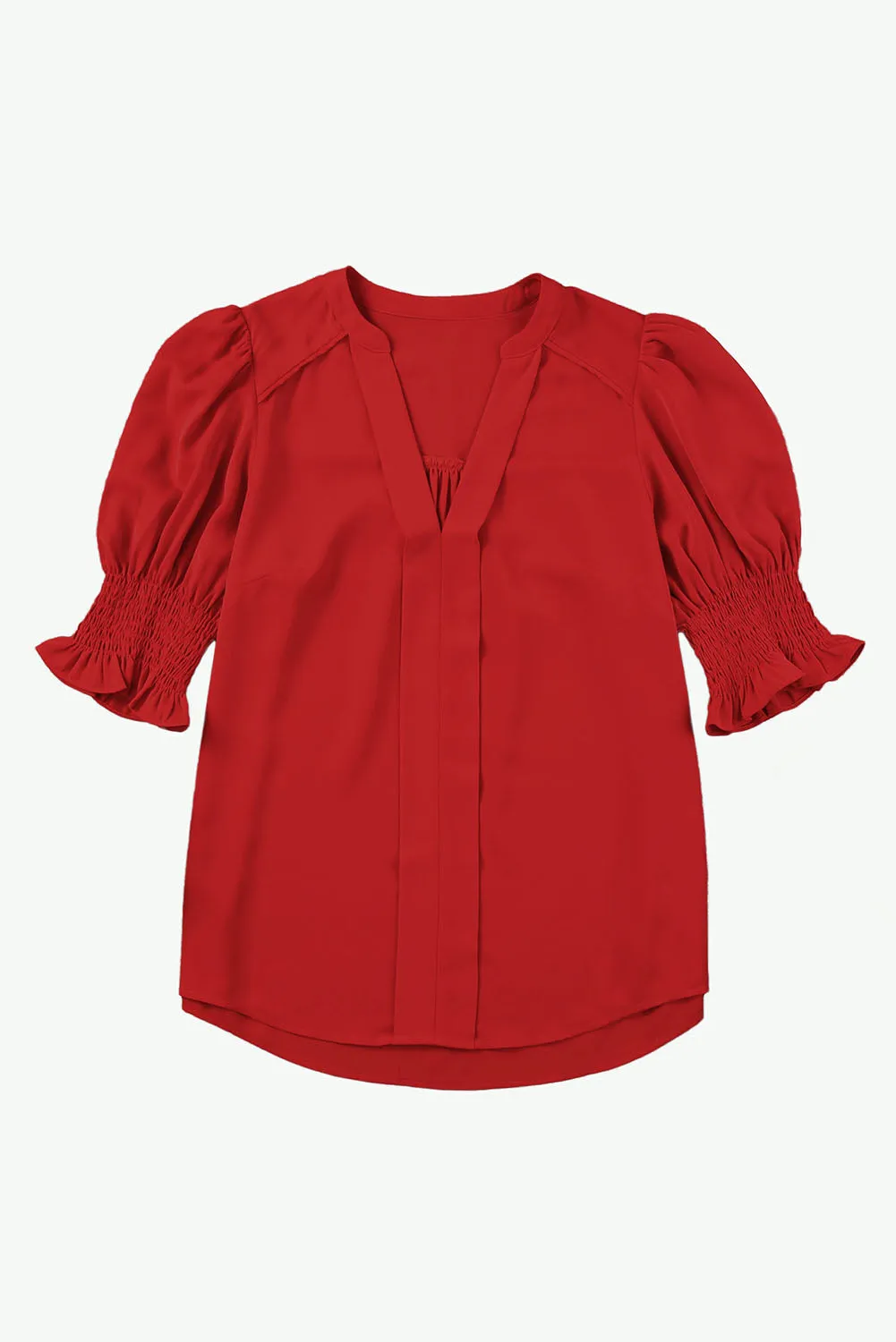 Pleated Puff Sleeve V-Neck Blouse