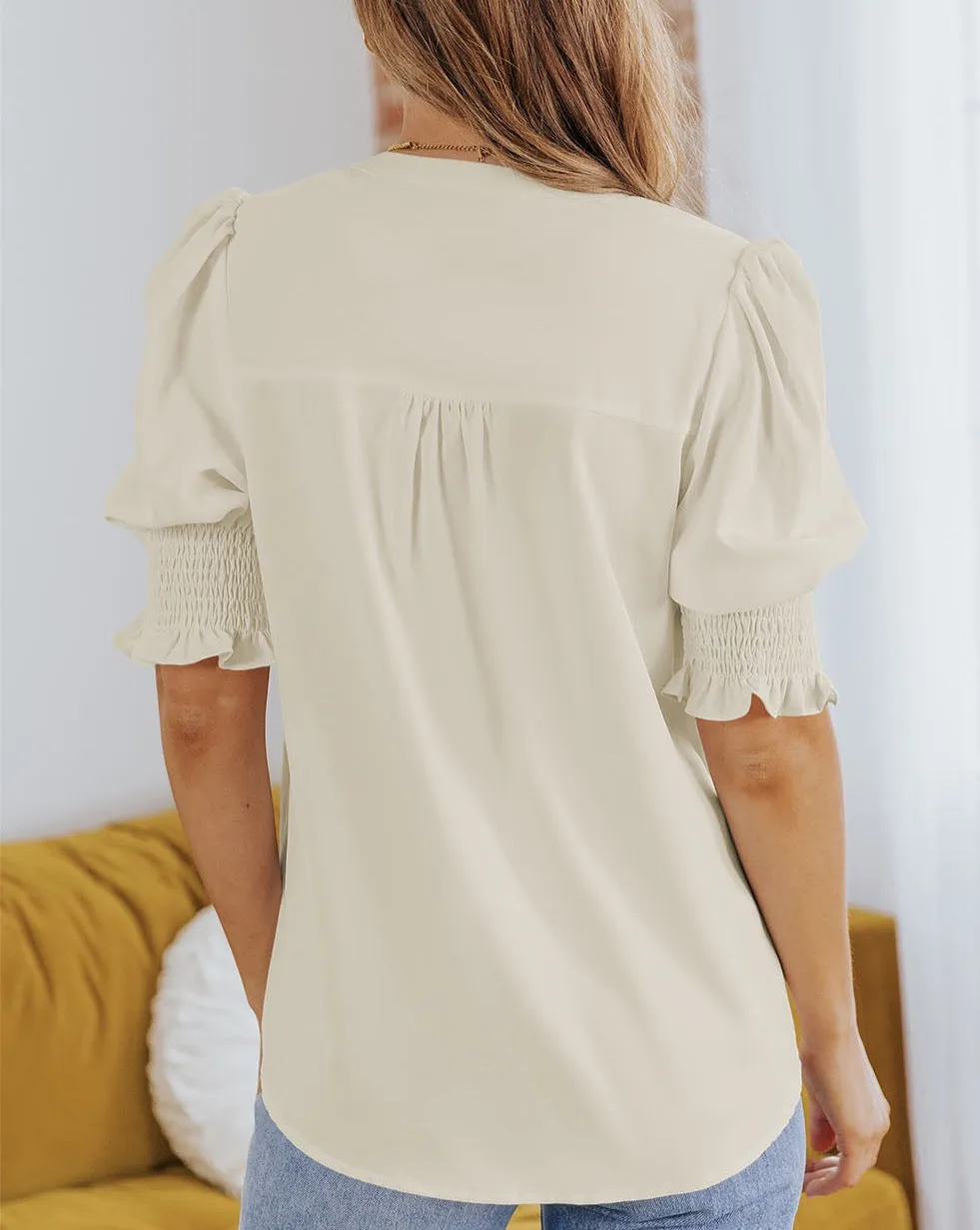 Pleated Puff Sleeve V-Neck Blouse