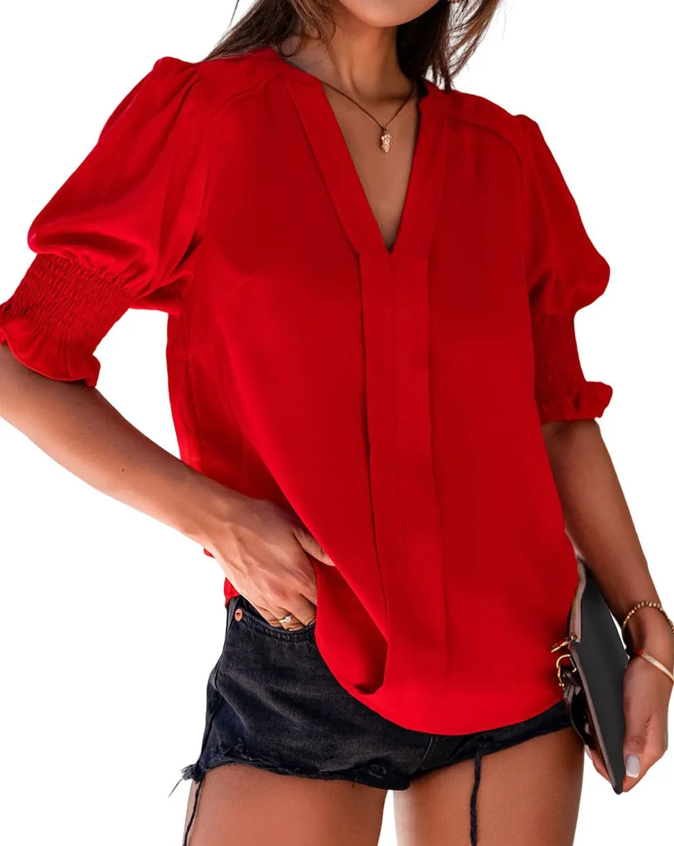 Pleated Puff Sleeve V-Neck Blouse