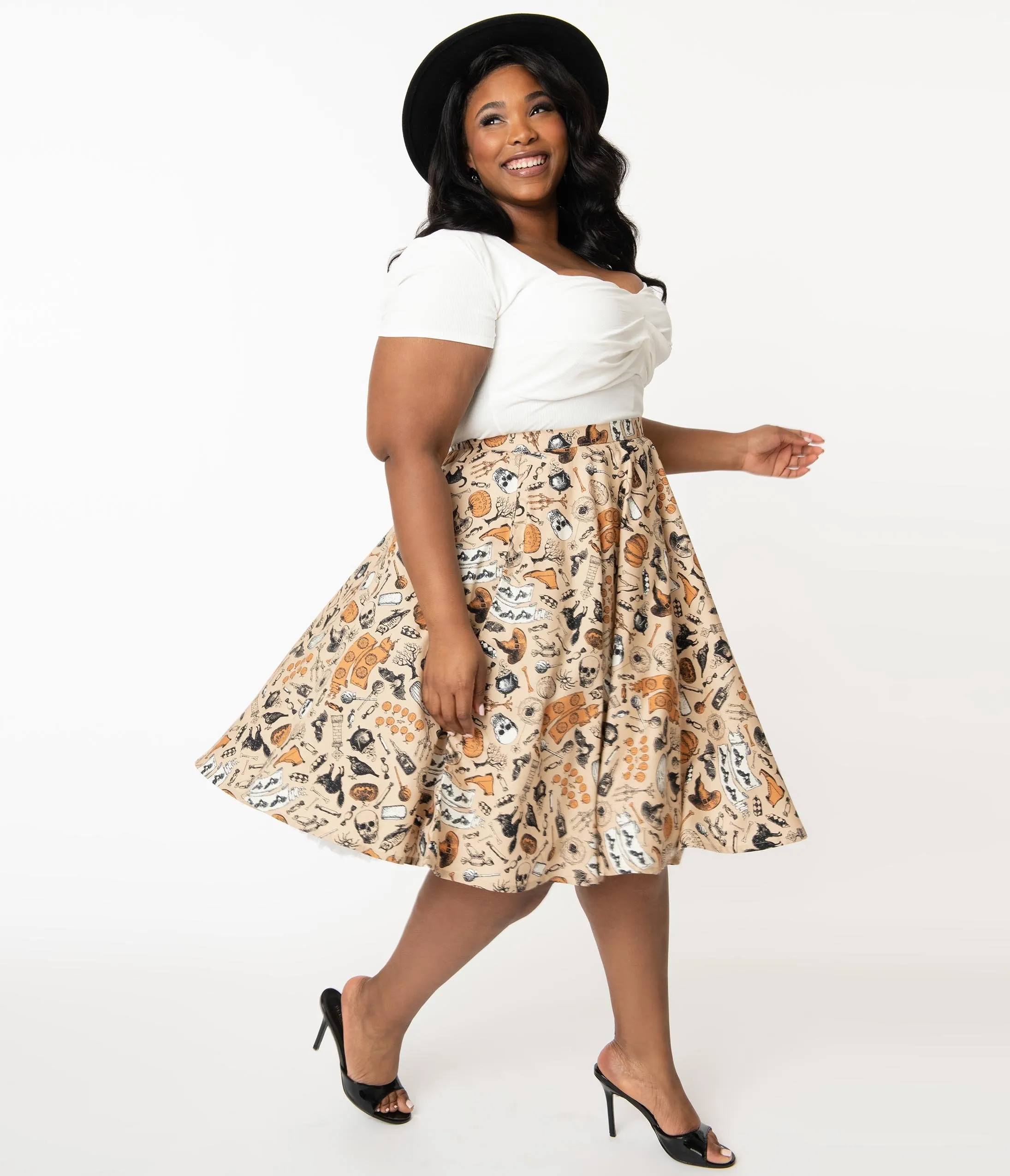 Plus Size Retro Cream Halloween Print High Waist Swing Skirt