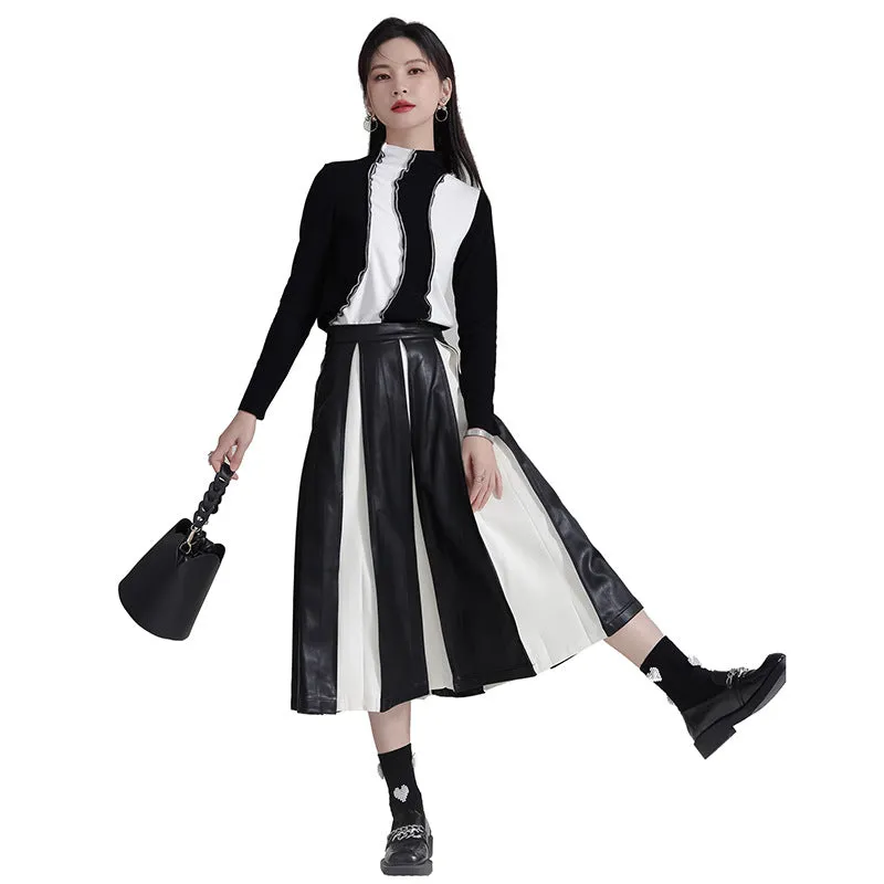 PU Color Block Pleated A-Line Skirt