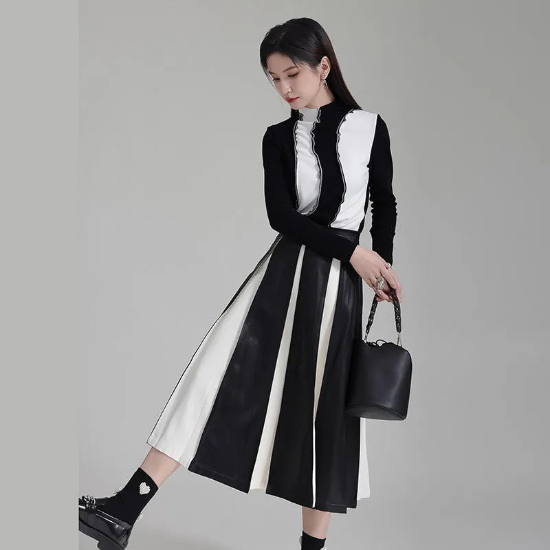 PU Color Block Pleated A-Line Skirt