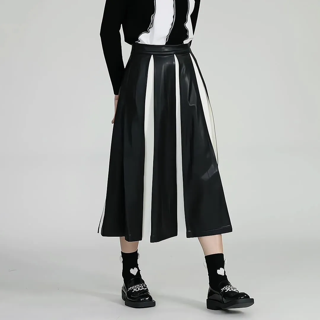 PU Color Block Pleated A-Line Skirt