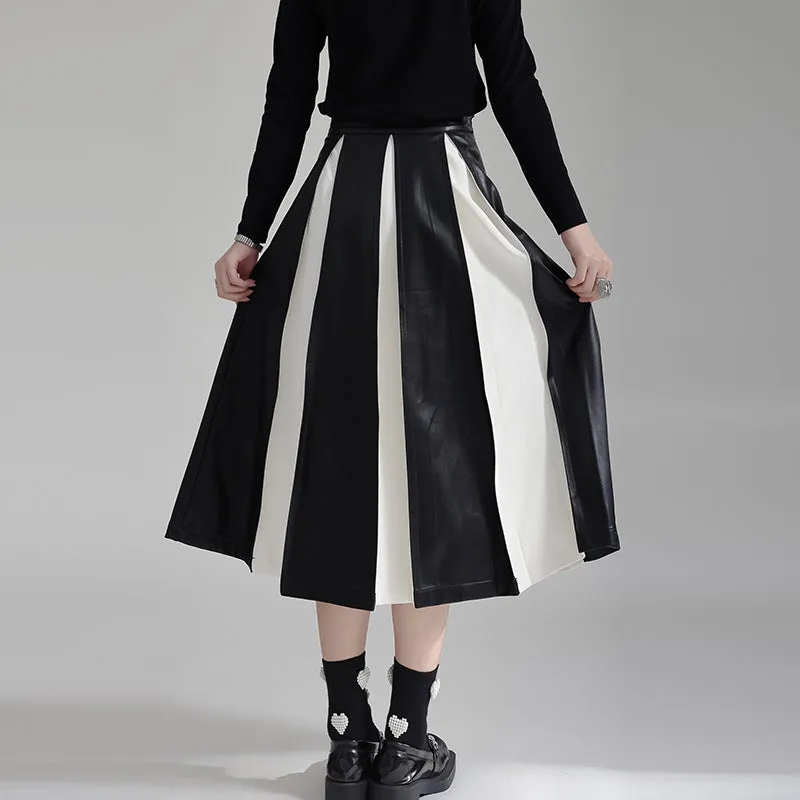 PU Color Block Pleated A-Line Skirt