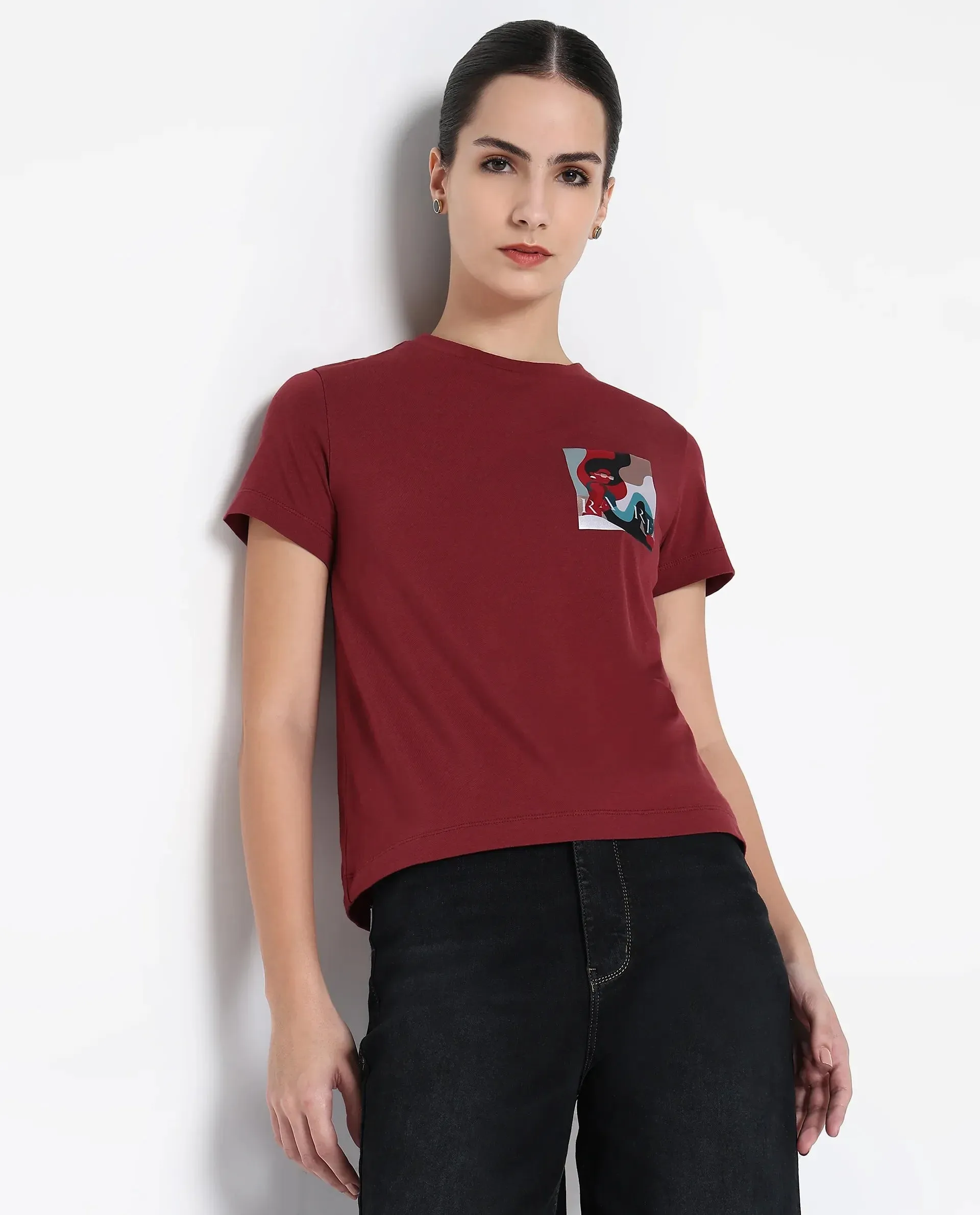 Rareism Women Inki Maroon Cotton Blend Fabric Short Sleeve Crew Neck Graphic Print T-Shirt