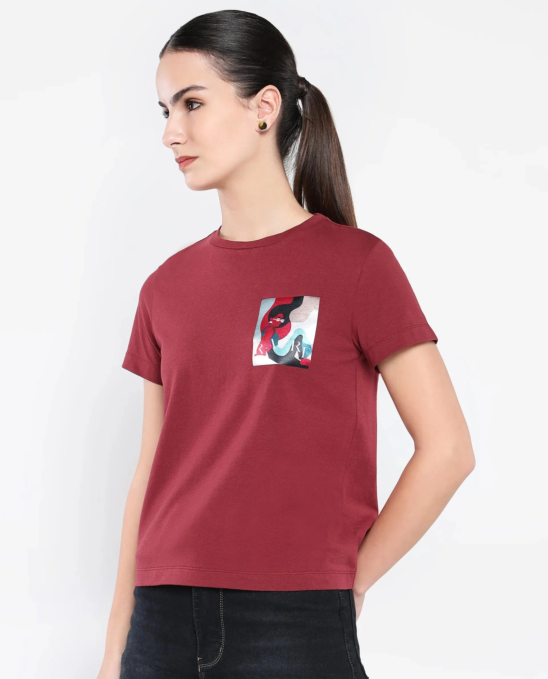 Rareism Women Inki Maroon Cotton Blend Fabric Short Sleeve Crew Neck Graphic Print T-Shirt