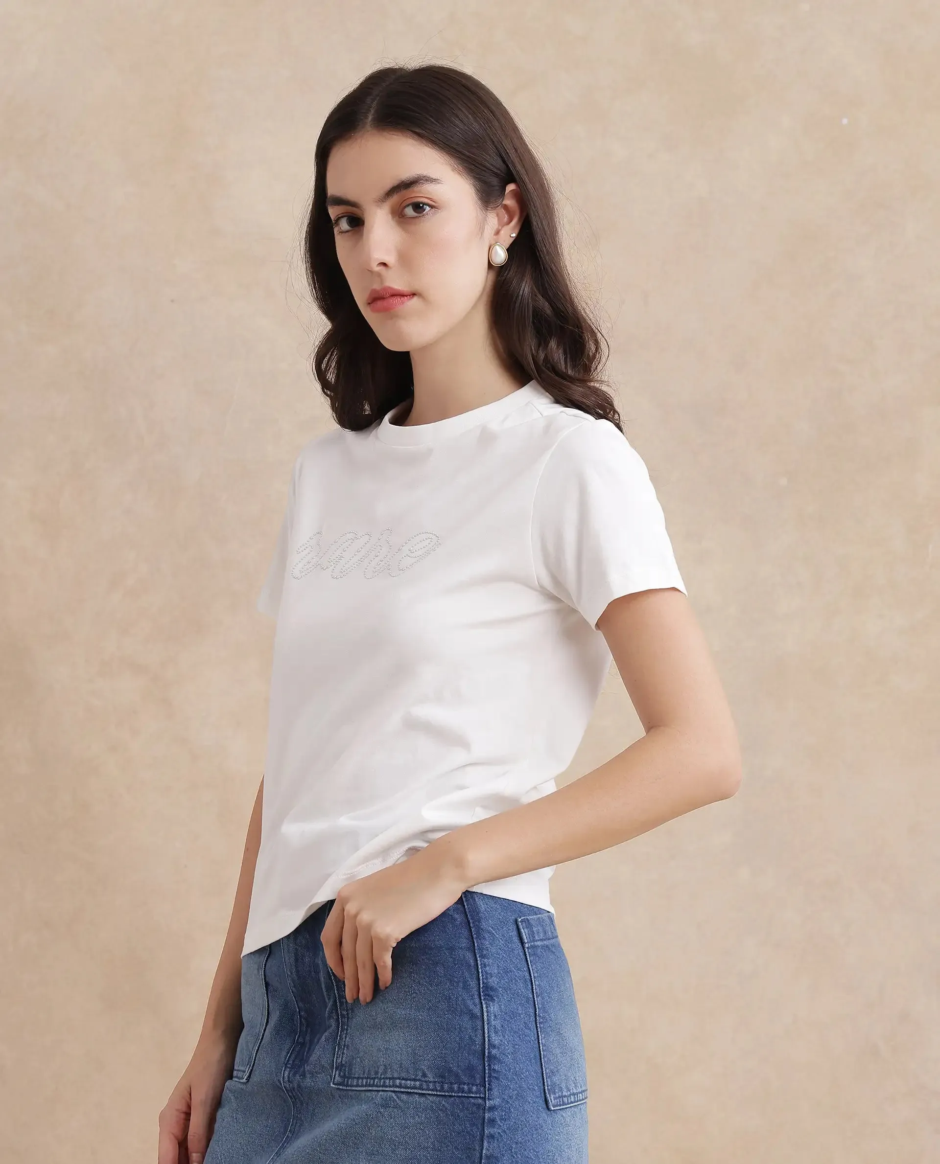 Rareism Women Itsy Off White Cotton Lycra Fabric Short Sleeve Crew Neck Plain T-Shirt