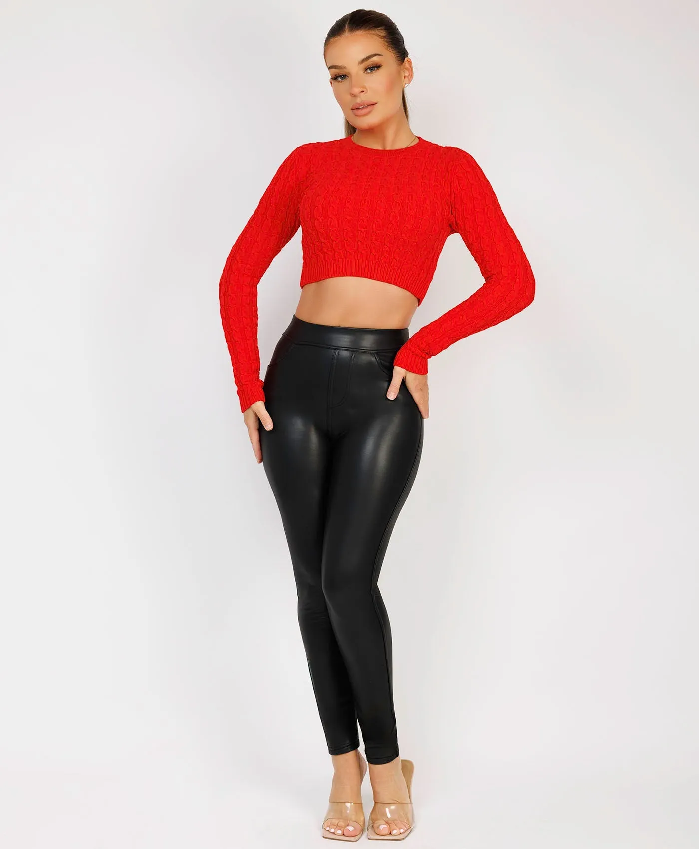 Red Long Sleeve Cropped Cable Knit Sweater