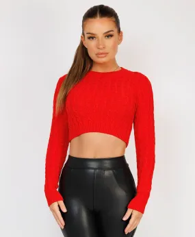 Red Long Sleeve Cropped Cable Knit Sweater