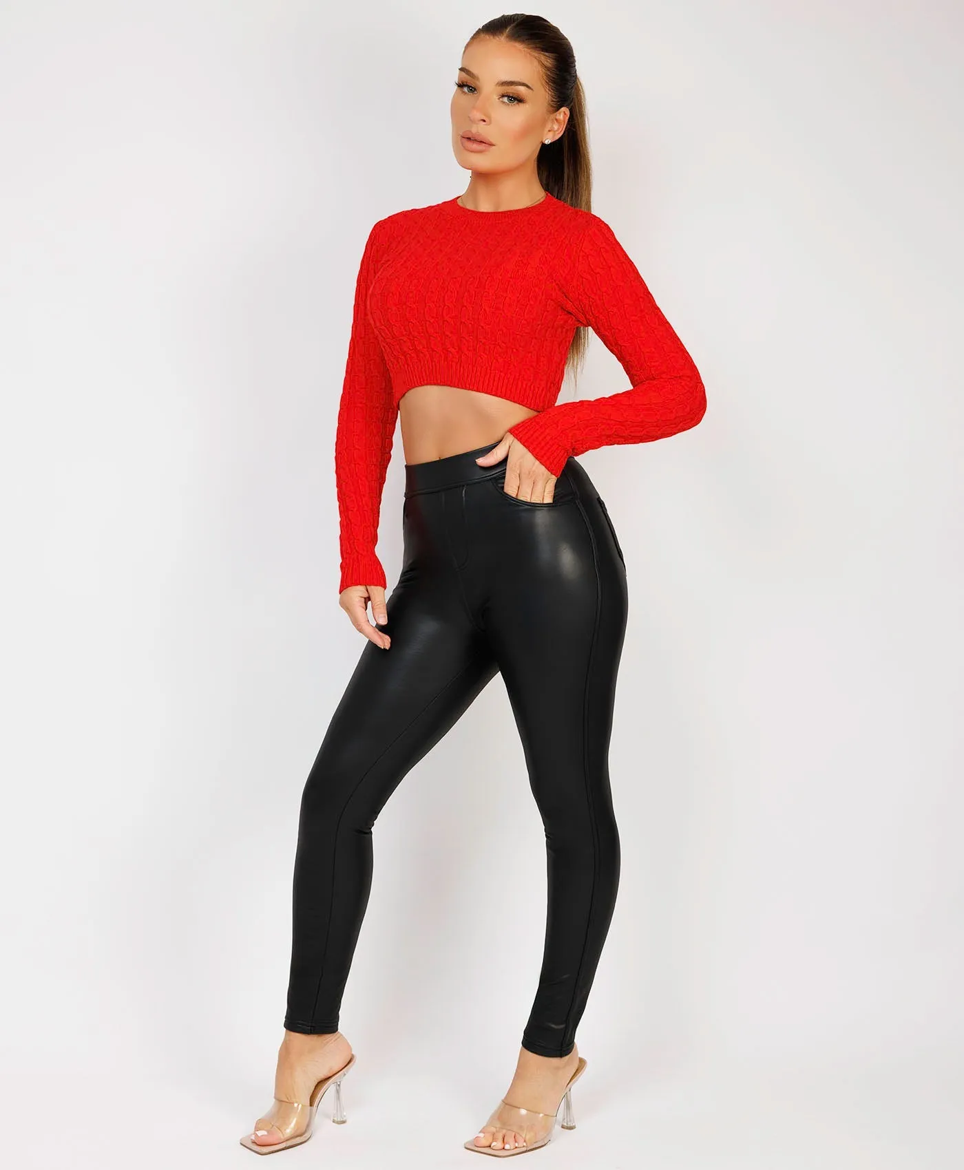 Red Long Sleeve Cropped Cable Knit Sweater