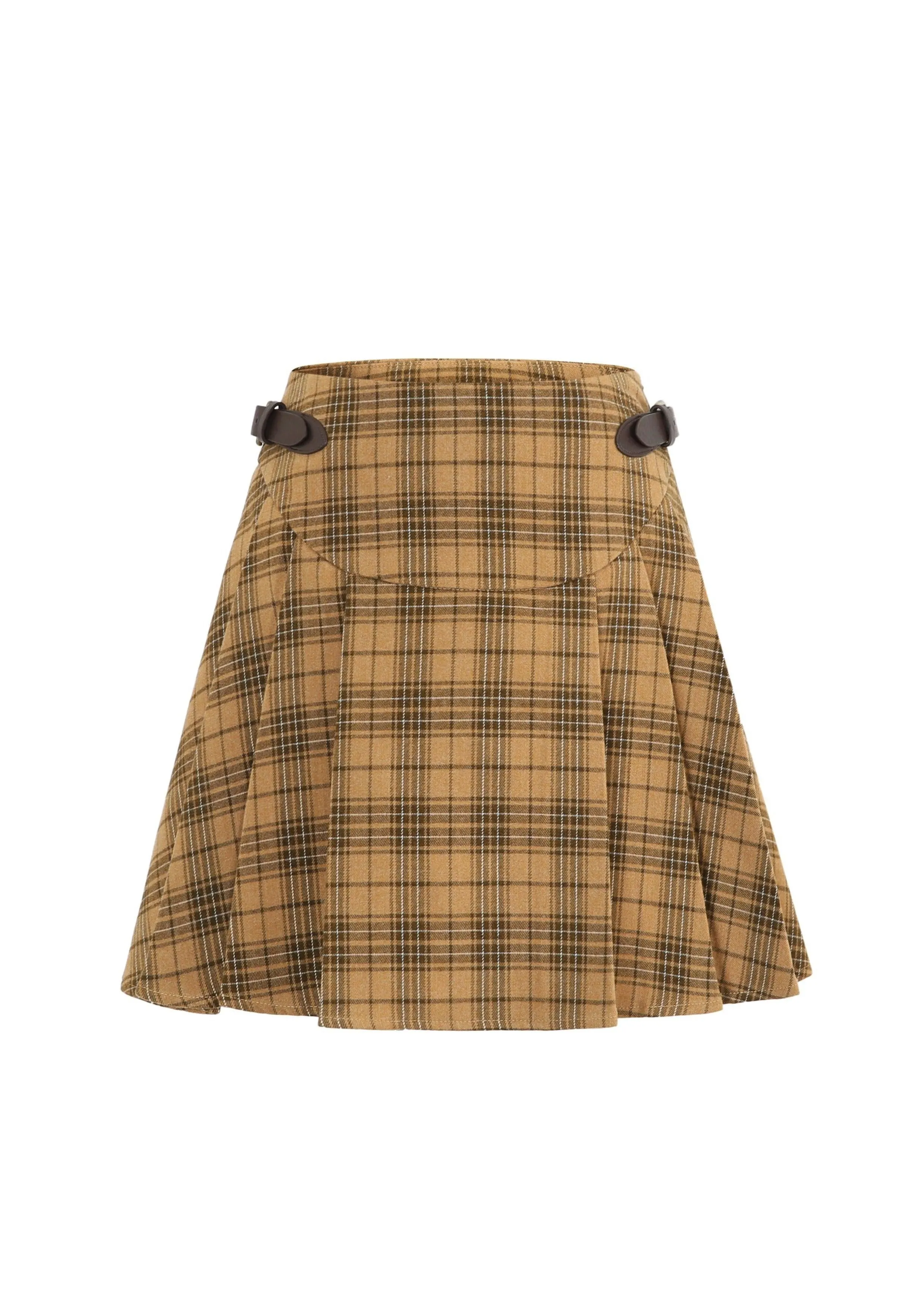 Retro Leather Buckle Plaid Pleated Mini Skirt