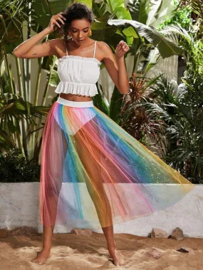 Sheer Rainbow Mesh Skirt Without Panty