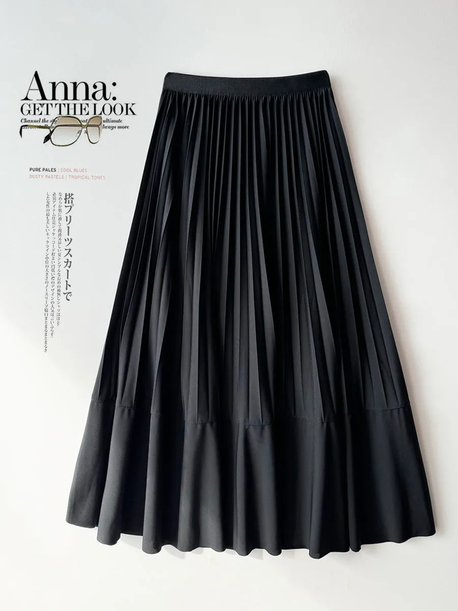 Simple Elegant Pleated Skirt for Women Spring Summer Elegant Stitching A line Slimming Large Swing Mid Length Skirt