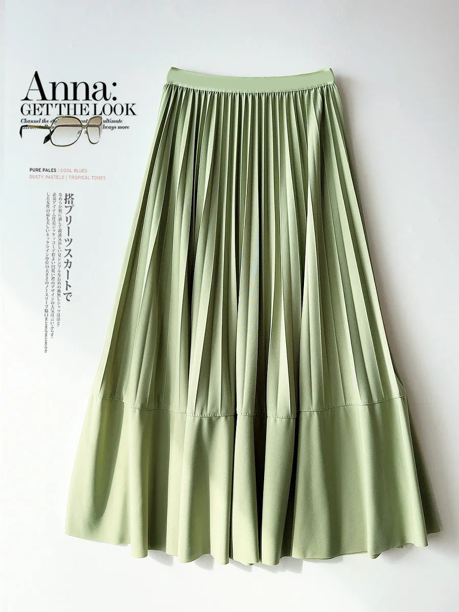 Simple Elegant Pleated Skirt for Women Spring Summer Elegant Stitching A line Slimming Large Swing Mid Length Skirt